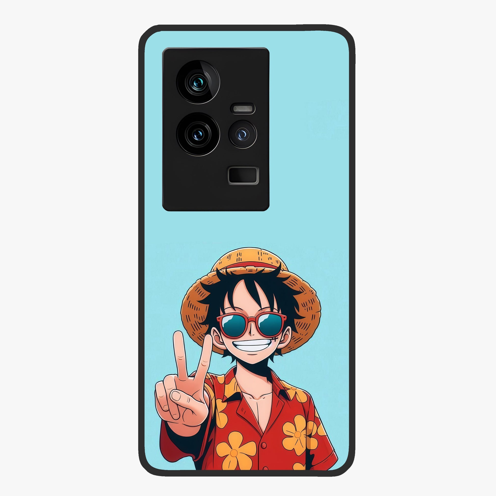 Luffy Summer Anime Vibe Glass Case showing flat back view with vibrant anime character artwork and glossy glass finish.