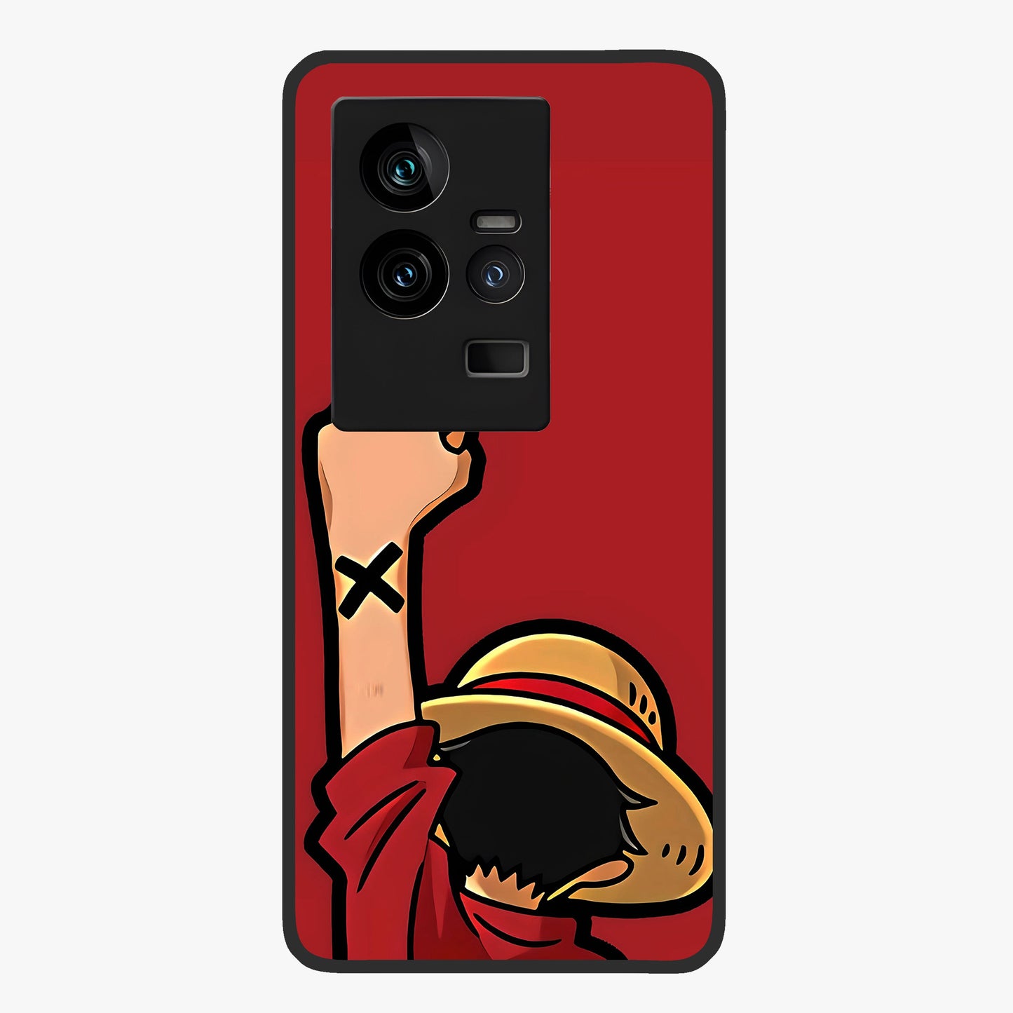 Luffy X Spirit Glass Case showing flat back view with bold anime character artwork and glossy glass finish.
