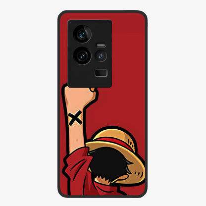 Luffy X Spirit Glass Case showing flat back view with bold anime character artwork and glossy glass finish.