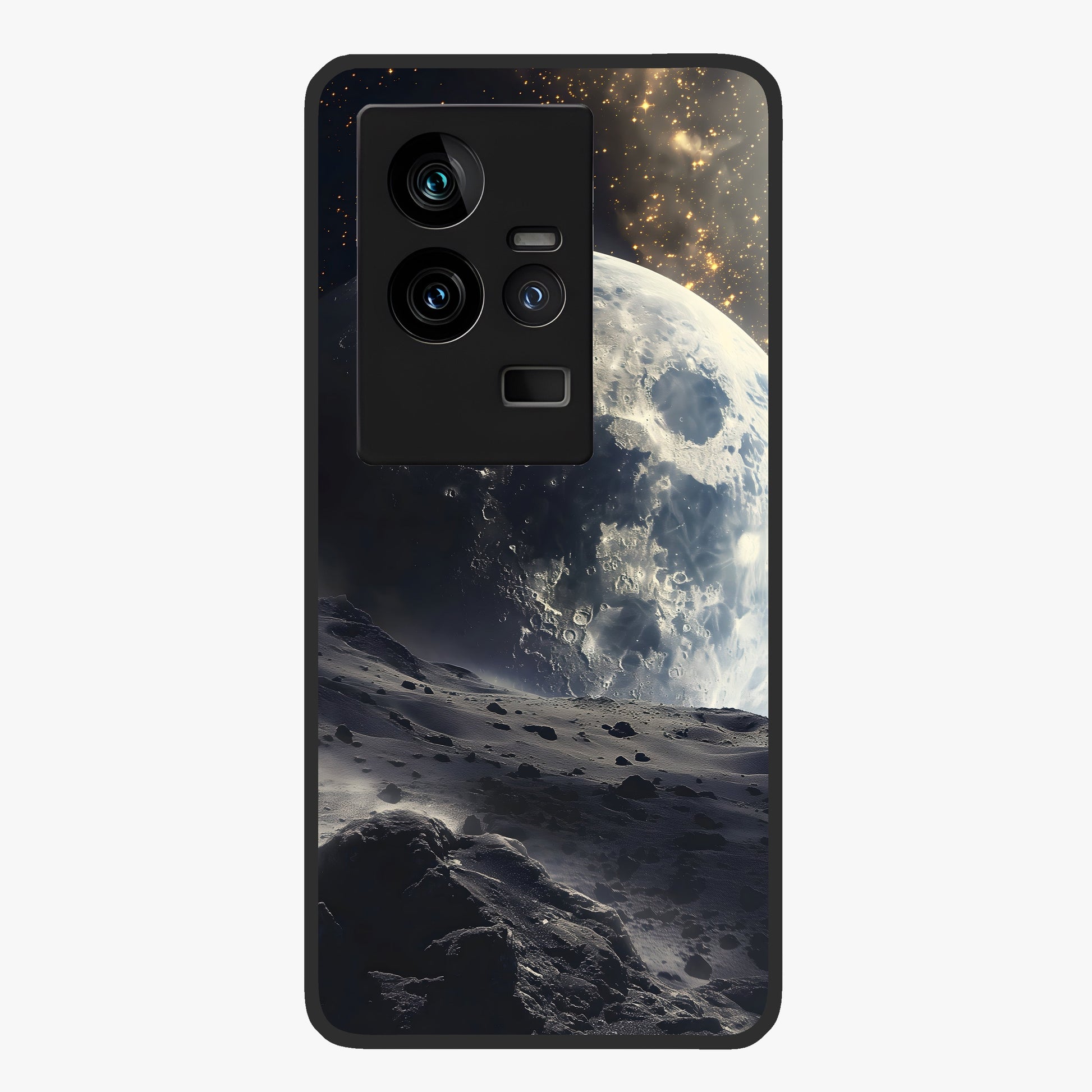 Lunar Horizon Glow Glass Case showing flat back view with glowing moon horizon artwork and glossy glass finish.