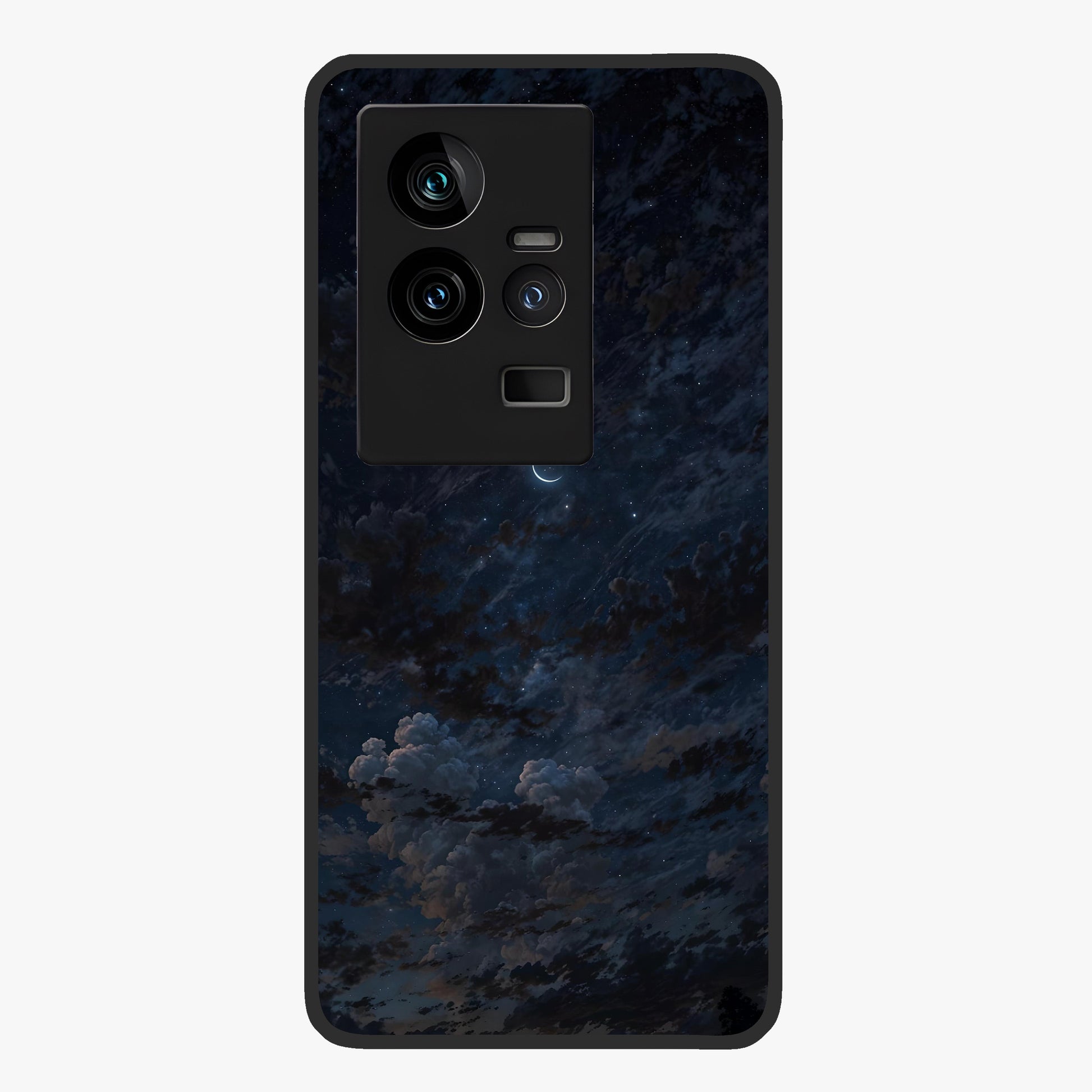Lunar Veil Silence Glass Case showing flat back view with mystical moon veil artwork and glossy glass finish.