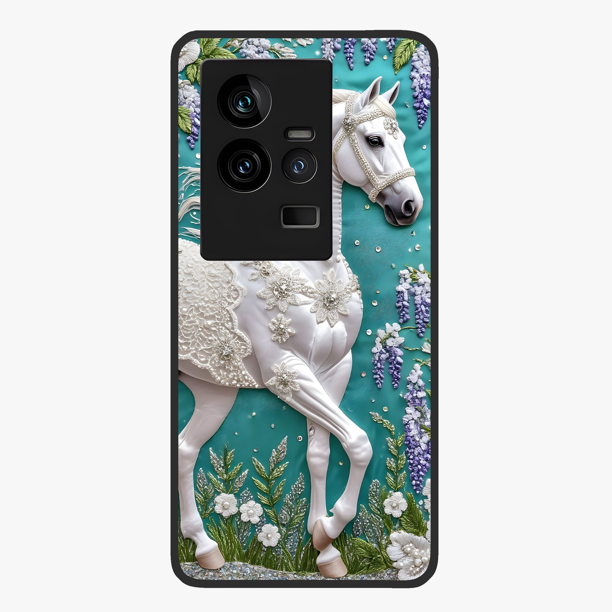 Majestic Floral Stallion Glass Case showing flat back view with powerful horse and floral artwork and glossy glass finish.