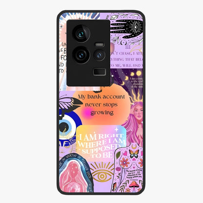 Manifestation Collage Glass Case showing flat back view with motivational collage artwork and glossy glass finish.