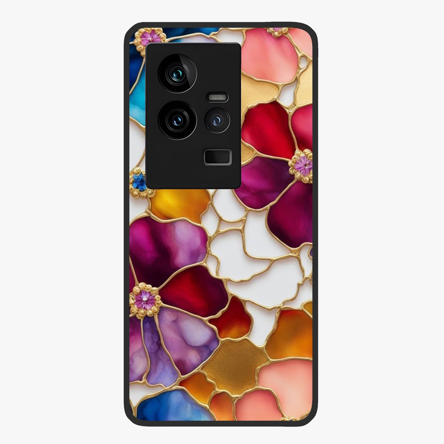 Marble Flower Pattern Glass Case showing flat back view with marble texture floral artwork and glossy glass finish.