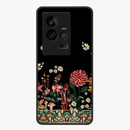 Midnight Bloom Pattern Glass Case showing flat back view with dark floral pattern artwork and glossy glass finish.