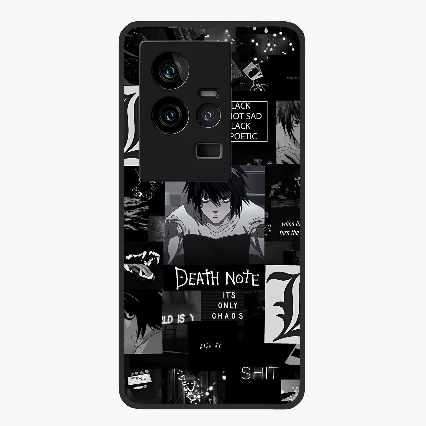 Midnight Chaos Mind Glass Case showing flat back view with abstract dark themed artwork and glossy glass finish.