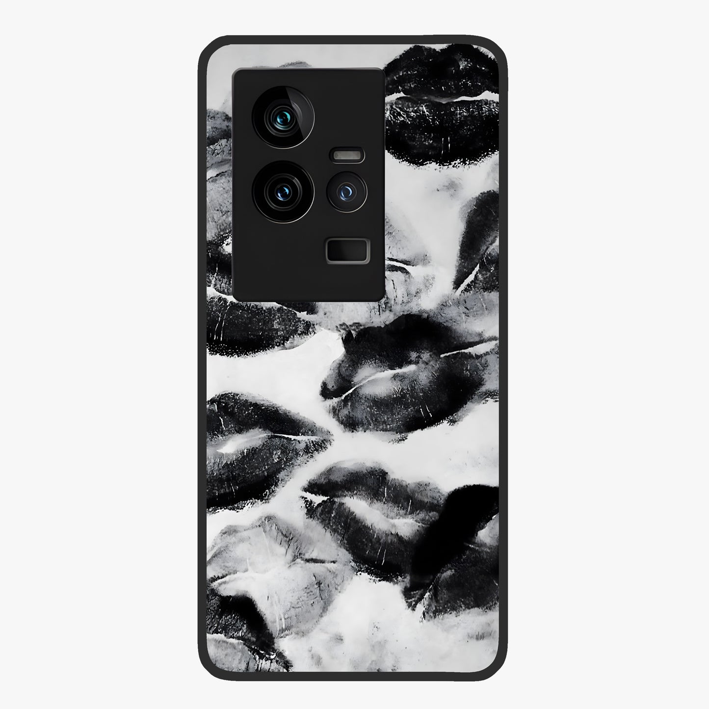 Midnight Kiss Marks Glass Case showing flat back view with lipstick kiss mark artwork and glossy glass finish.