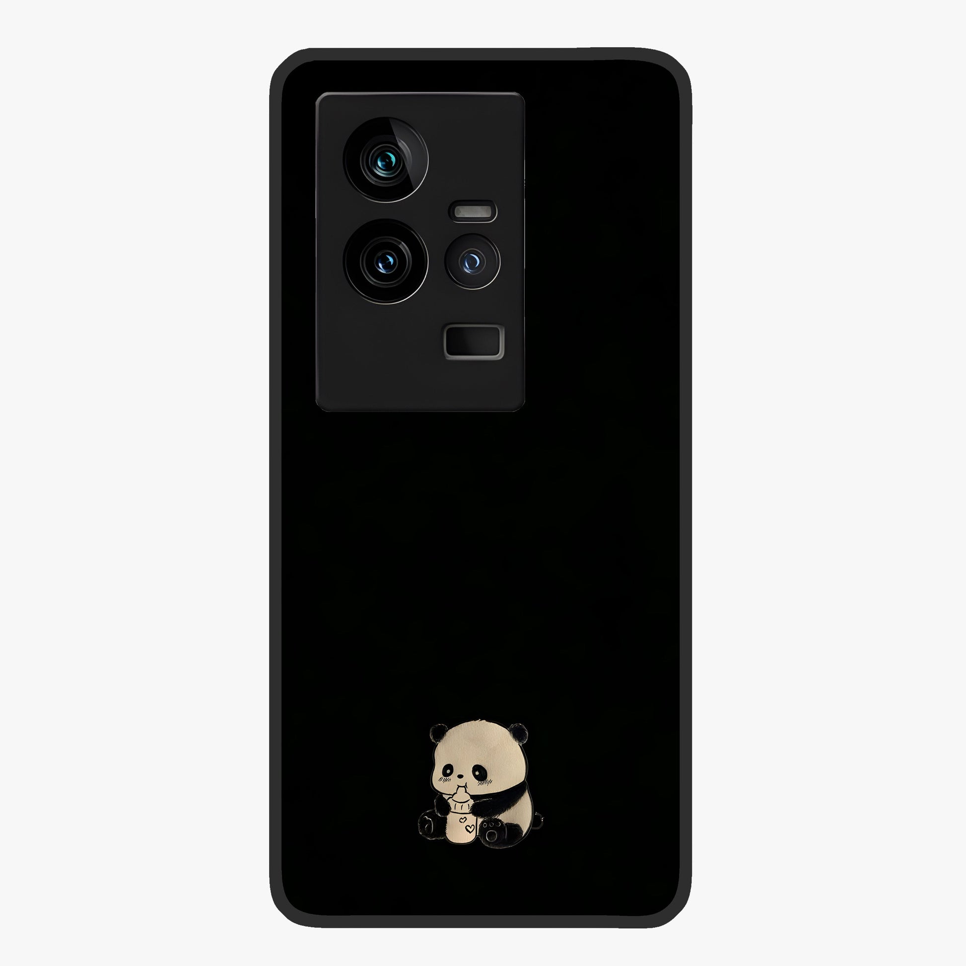 Midnight Panda Love Glass Case showing flat back view with cute panda themed artwork and glossy glass finish.