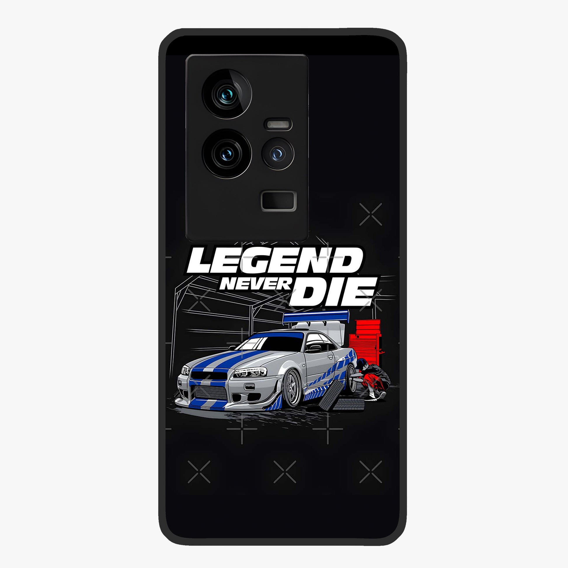 Midnight Racing Legacy Glass Case showing flat back view with sleek racing inspired artwork and glossy glass finish.