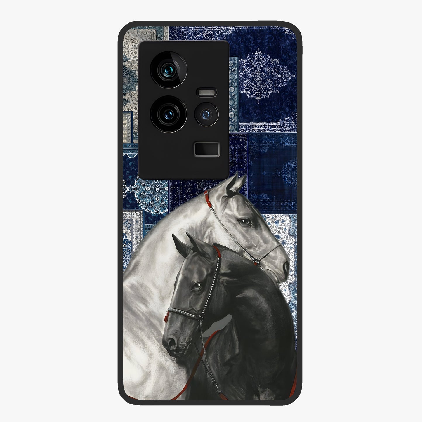 Midnight Stallion Blues Glass Case showing flat back view with majestic horse artwork and glossy glass finish.