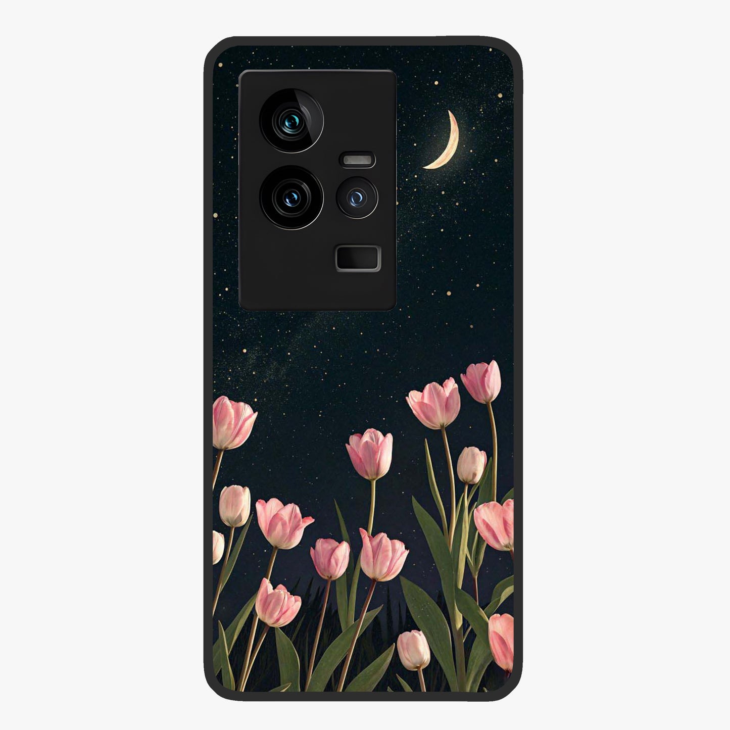 Midnight Tulip Whispers Vibe Glass Case showing flat back view with elegant tulip flower artwork and glossy glass finish.
