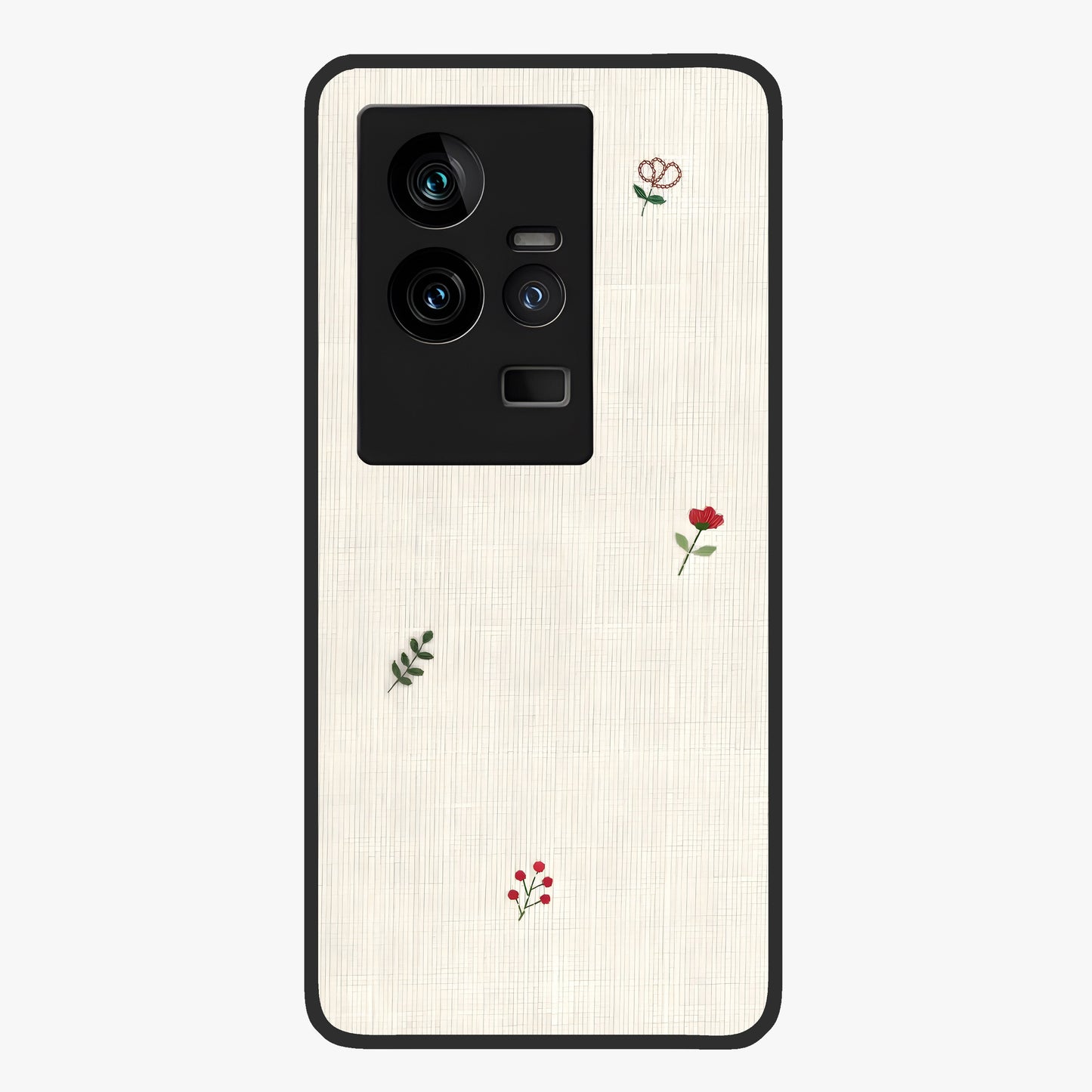 Minimal Petal Whispers Glass Case showing flat back view with soft minimal floral artwork and glossy glass finish.