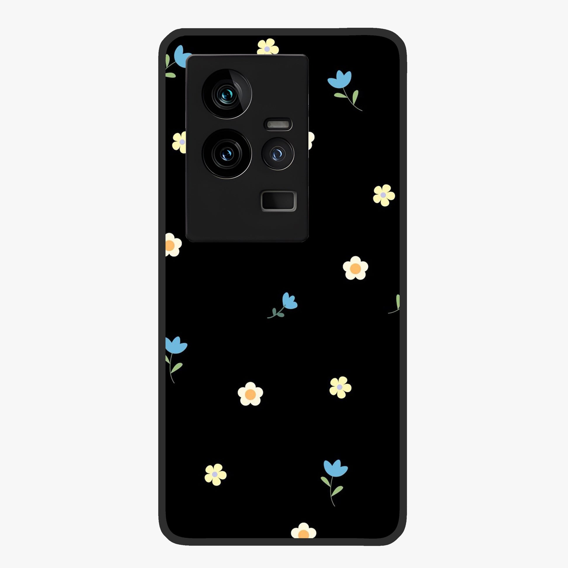 Minimalistic Blue With White Flower Pattern Glass Case showing flat back view with blue background and white flower pattern and glossy glass finish.