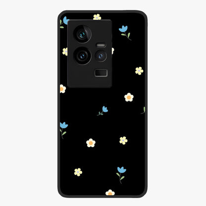Minimalistic Blue With White Flower Pattern Glass Case showing flat back view with blue background and white flower pattern and glossy glass finish.