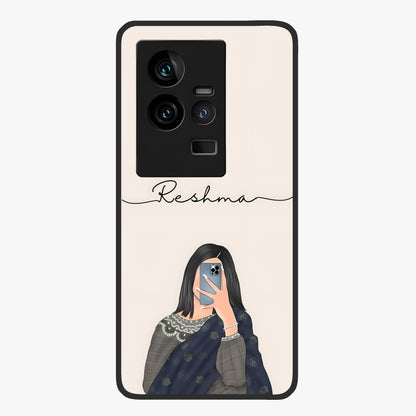 Mirror Mood Muse With Custom Name Glass Case showing flat back view with stylish mirrored artwork and personalized name design.