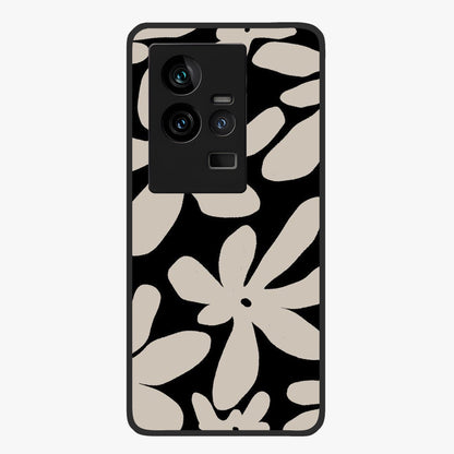 Monochrome Petal Dance Glass Case showing flat back view with monochrome floral artwork and glossy glass finish.