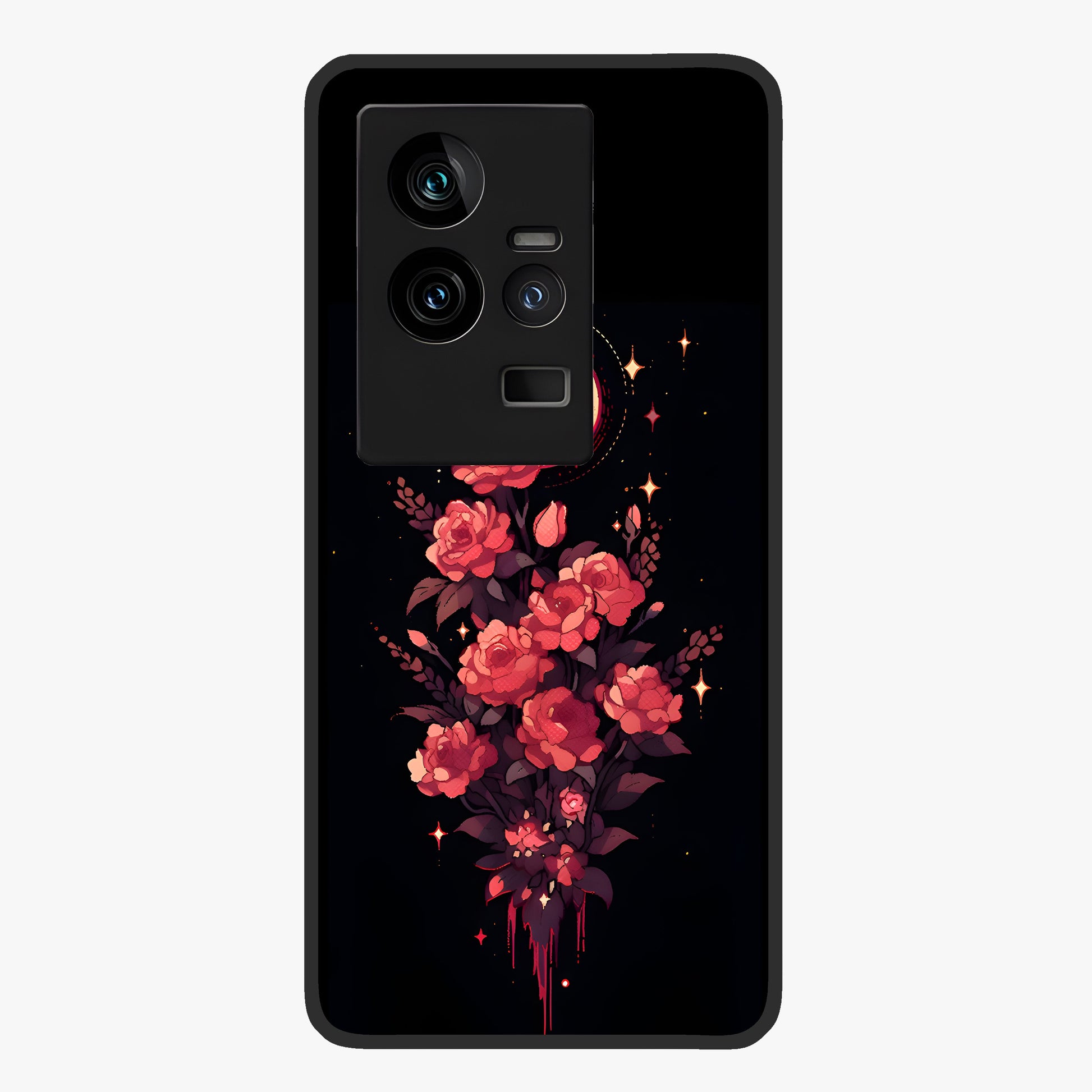 Moonlit Floral Elegance Glass Case showing flat back view with elegant floral artwork under moonlit tones and glossy glass finish.