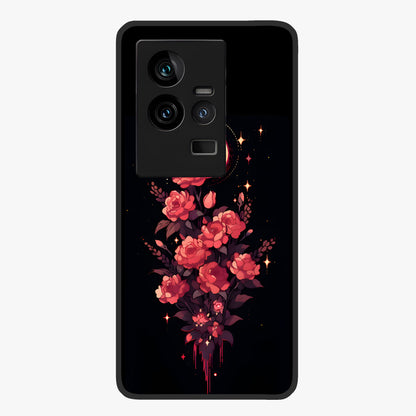 Moonlit Floral Elegance Glass Case showing flat back view with elegant floral artwork under moonlit tones and glossy glass finish.
