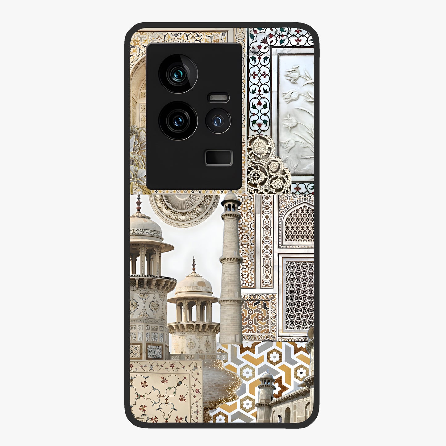Mughal Marble Legacy Glass Case showing flat back view with intricate Mughal inspired marble pattern and glossy glass finish.