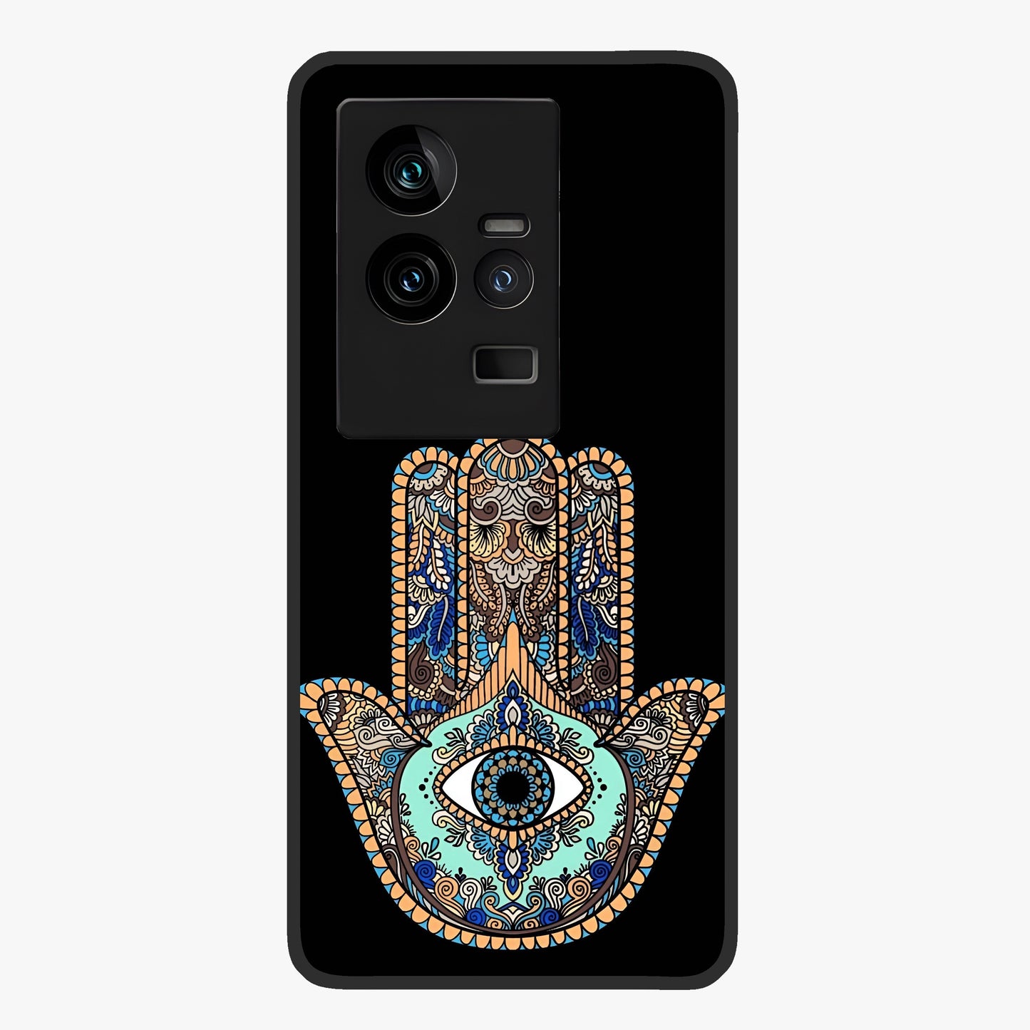 Mystic Hamsa Eye Glass Case showing flat back view with protective hamsa hand and evil eye artwork and glossy glass finish.