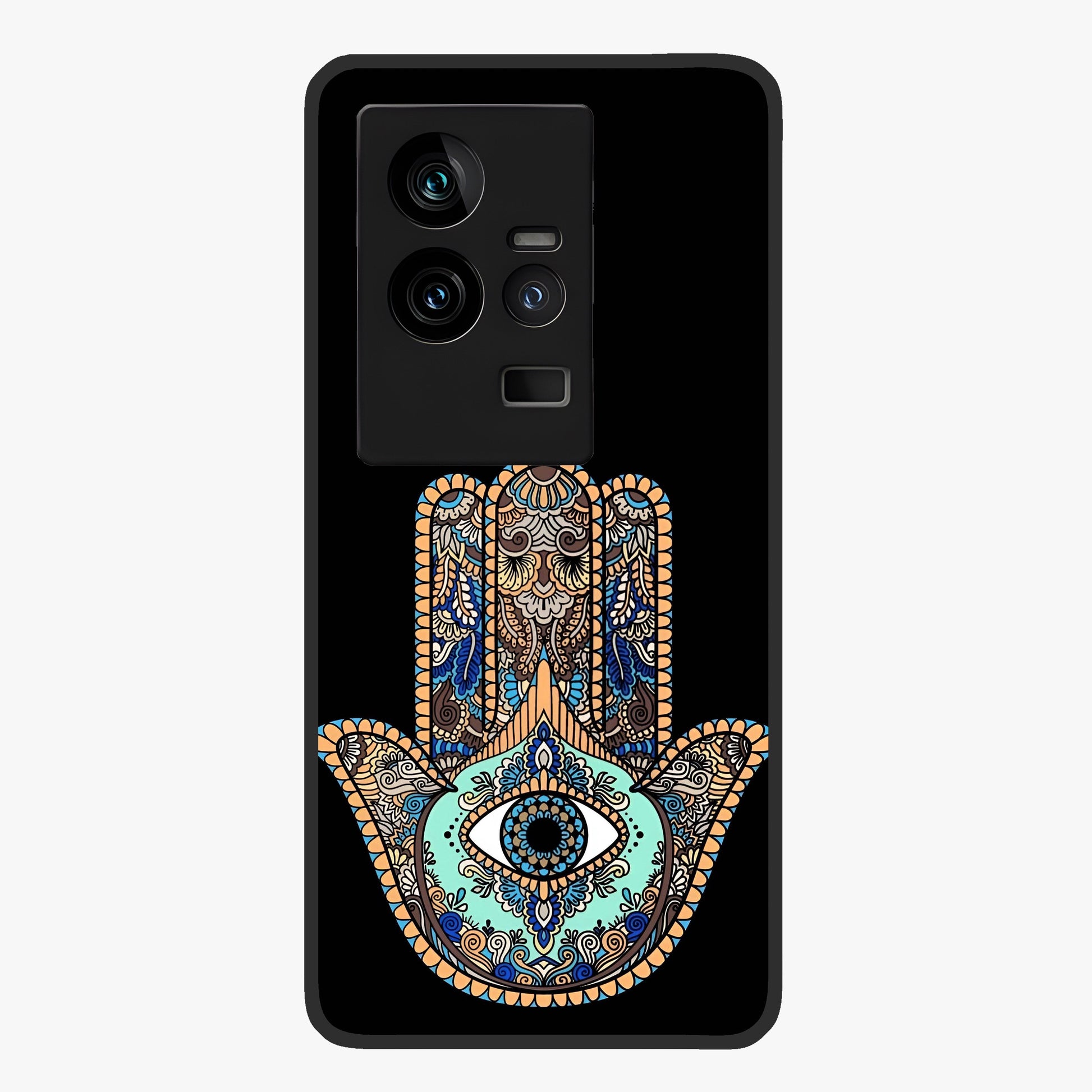Mystic Hamsa Eye Glass Case showing flat back view with protective hamsa hand and evil eye artwork and glossy glass finish.