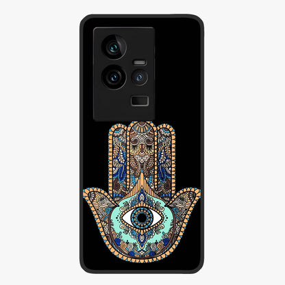 Mystic Hamsa Eye Glass Case showing flat back view with protective hamsa hand and evil eye artwork and glossy glass finish.