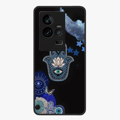 Mystic Hand Aura Glass Case showing flat back view with mystical hand symbol artwork and glossy glass finish.