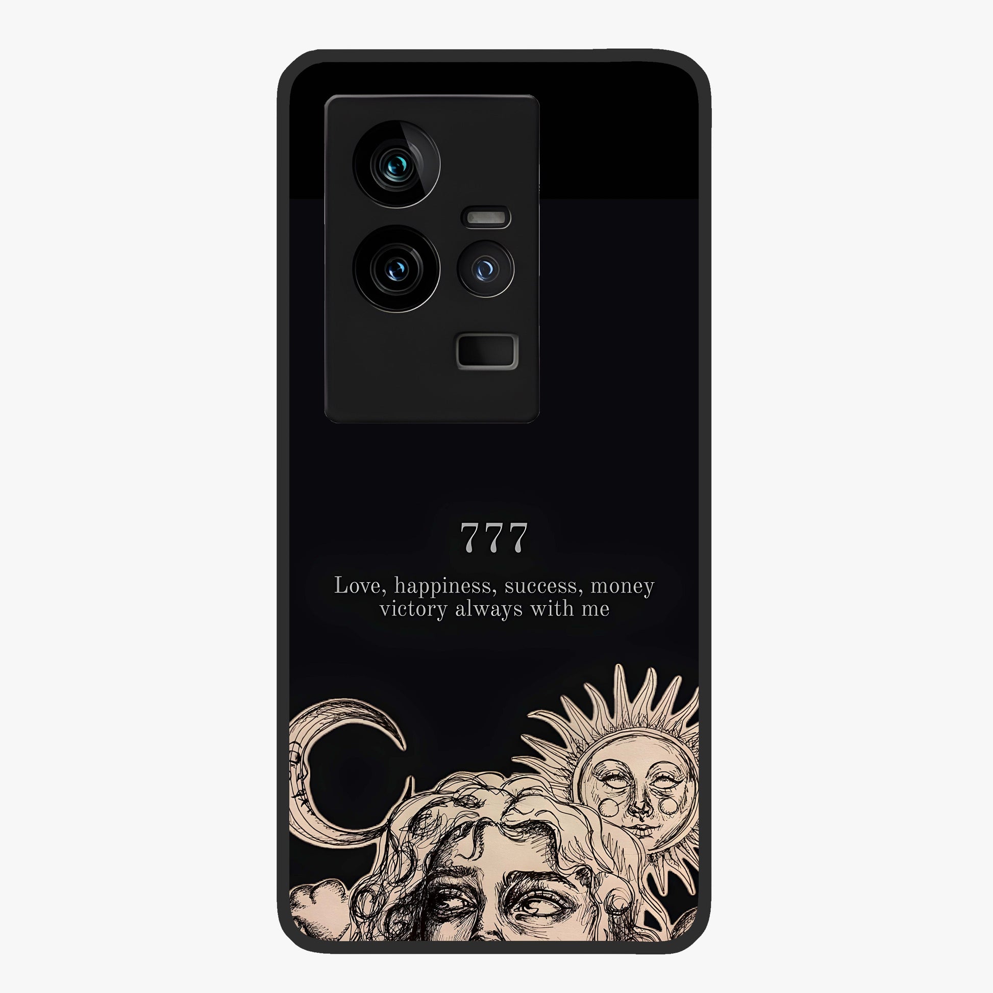 Mystic Victory Aura Glass Case showing flat back view with victory symbol artwork and glossy glass finish.