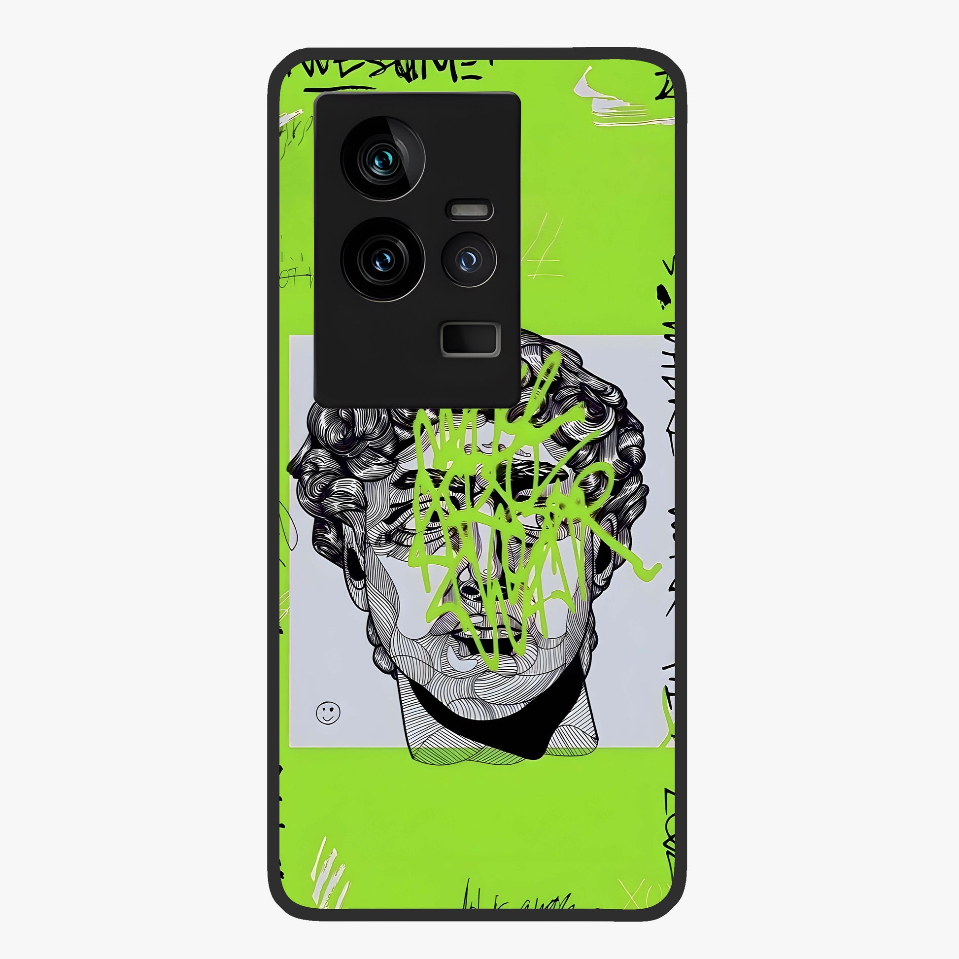 Neo Graffiti Rebellion Glass Case showing flat back view with vibrant graffiti artwork and glossy glass finish.
