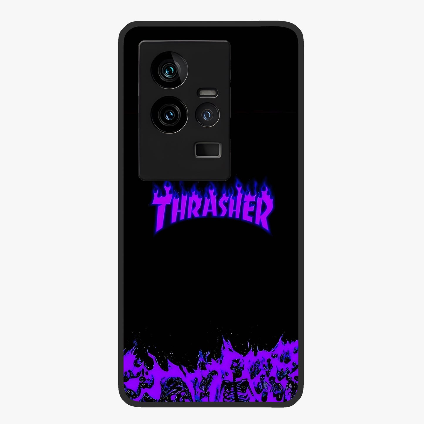 Neon Flame Riot Glass Case showing flat back view with neon flame artwork and glossy glass finish.