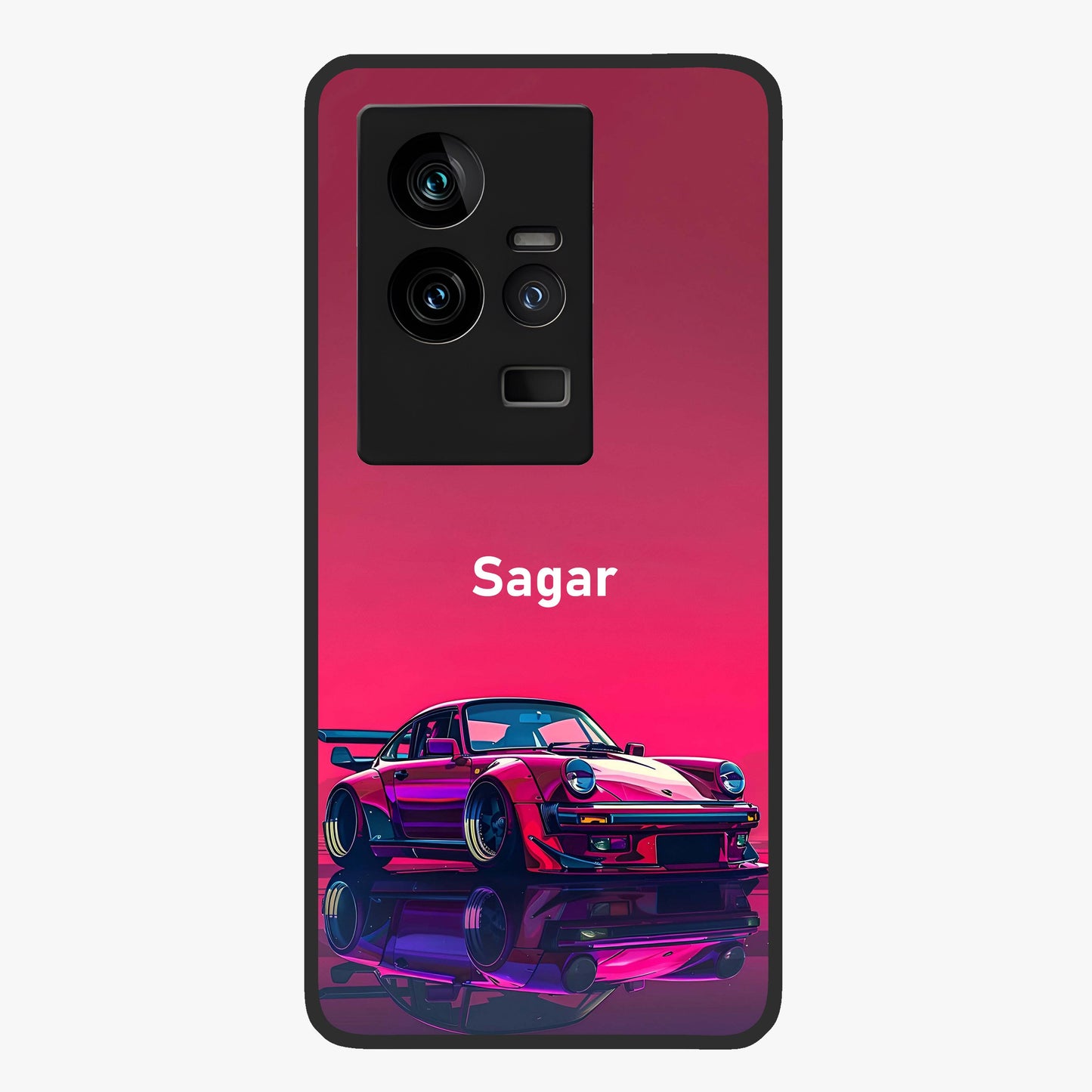Neon Pink Porsche Glass Case showing flat back view with stylish sports car artwork and glossy glass finish.