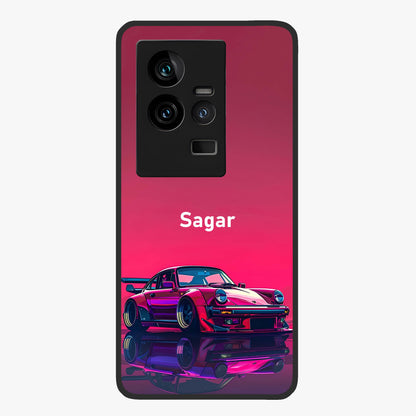 Neon Pink Porsche Glass Case showing flat back view with stylish sports car artwork and glossy glass finish.