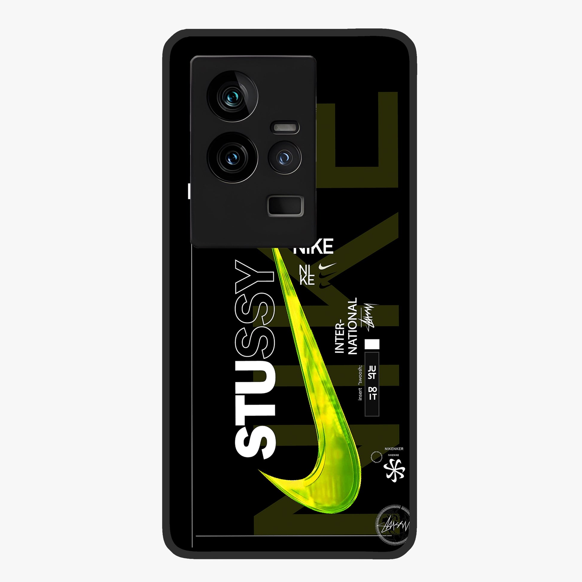 Neon Street Edition Glass Case showing flat back view with neon street style artwork and glossy glass finish.