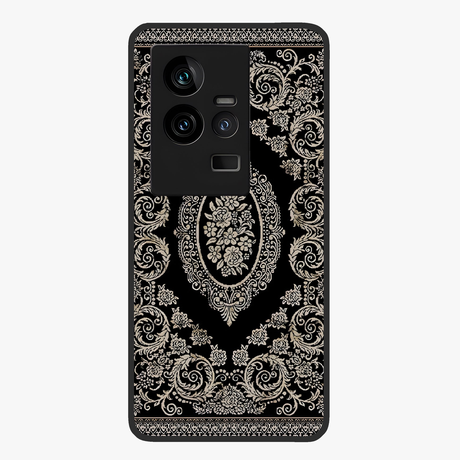 Noir Bloom Elegance Glass Case showing flat back view with elegant dark floral artwork and glossy glass finish.
