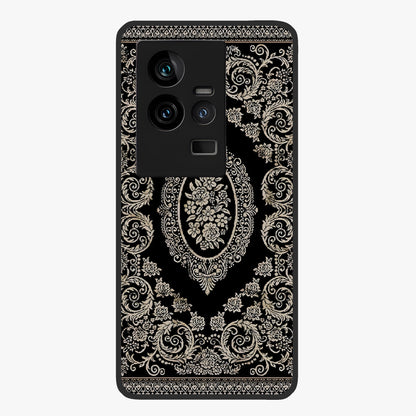 Noir Bloom Elegance Glass Case showing flat back view with elegant dark floral artwork and glossy glass finish.