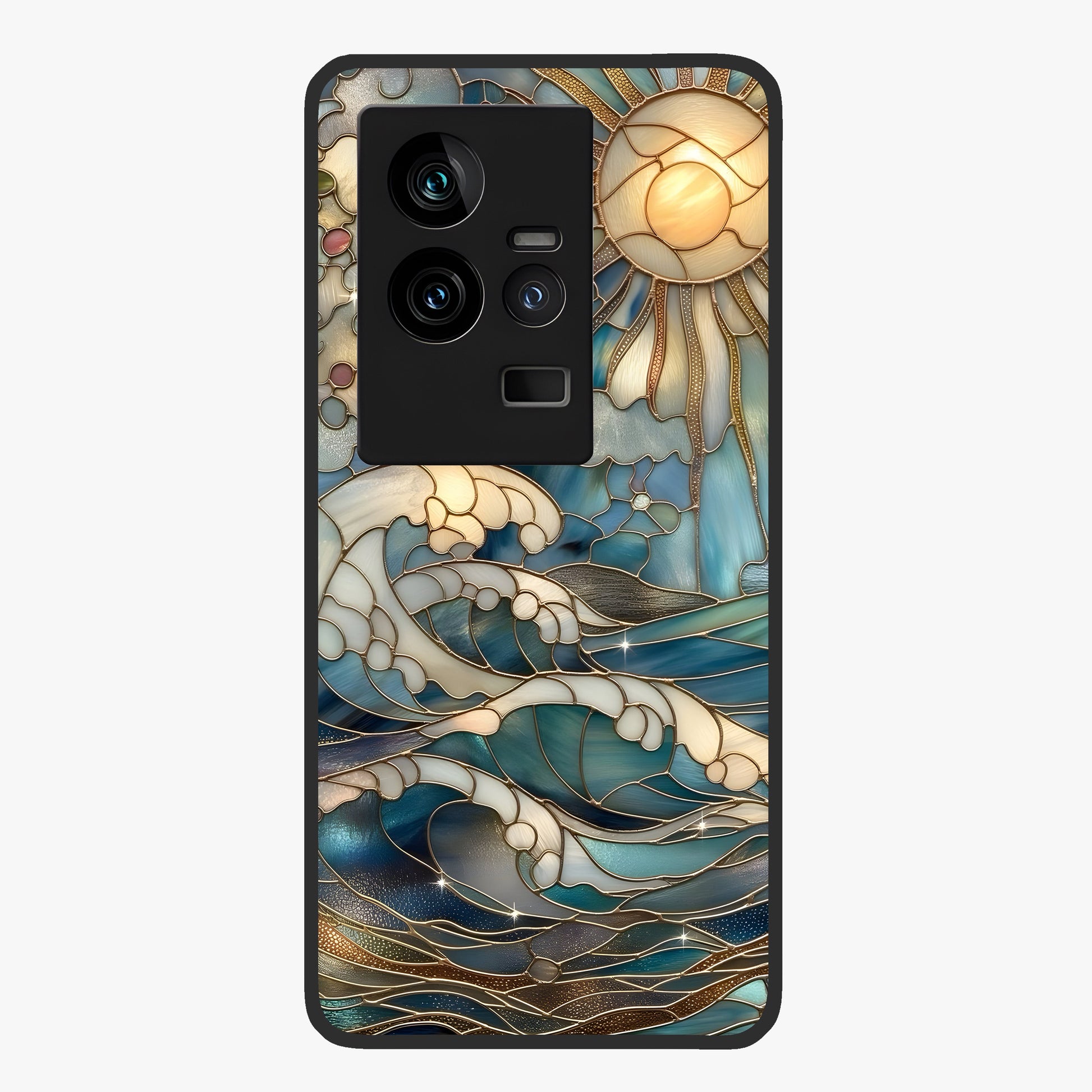 Oceanic Stained Printed Glass Case showing flat back view with ocean inspired stained pattern artwork and glossy glass finish.