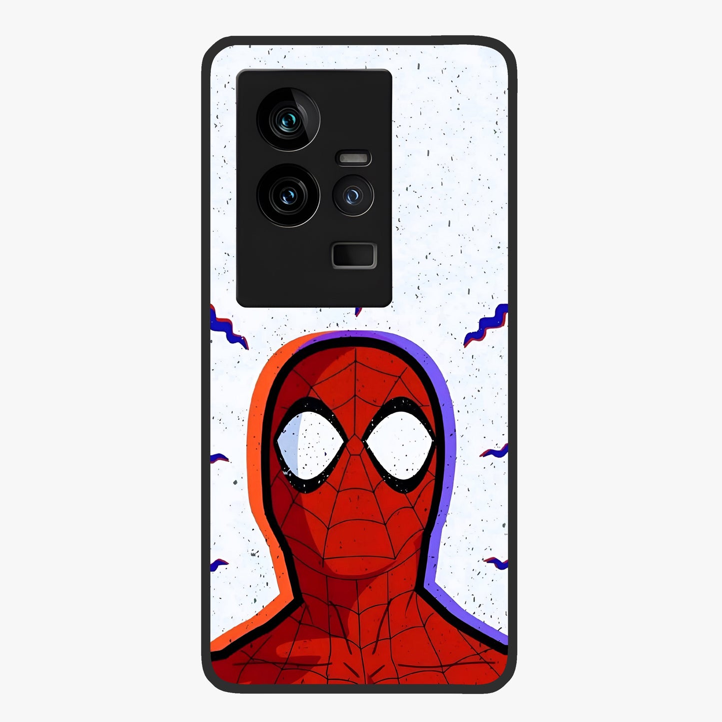 Omg Spiderman Glass Case showing flat back view with bold superhero inspired artwork and glossy glass finish.