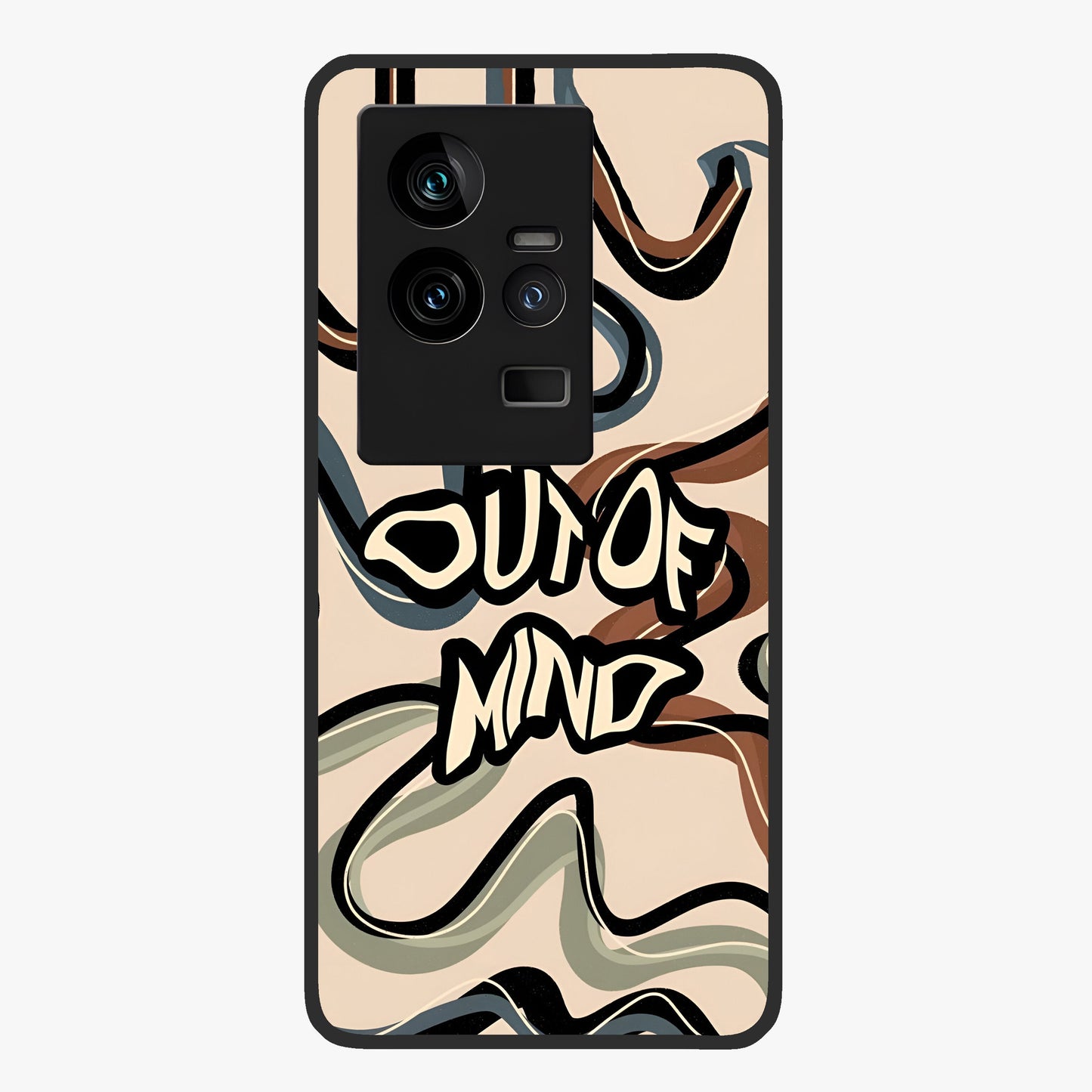 Out Of Mind Glass Case showing flat back view with expressive typography artwork and glossy glass finish.