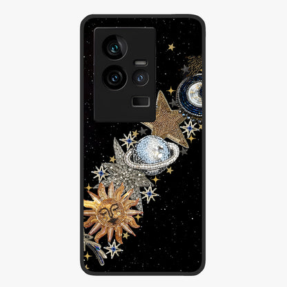 Pearls Universe Object Glass Case showing flat back view with pearl inspired cosmic artwork and glossy glass finish.