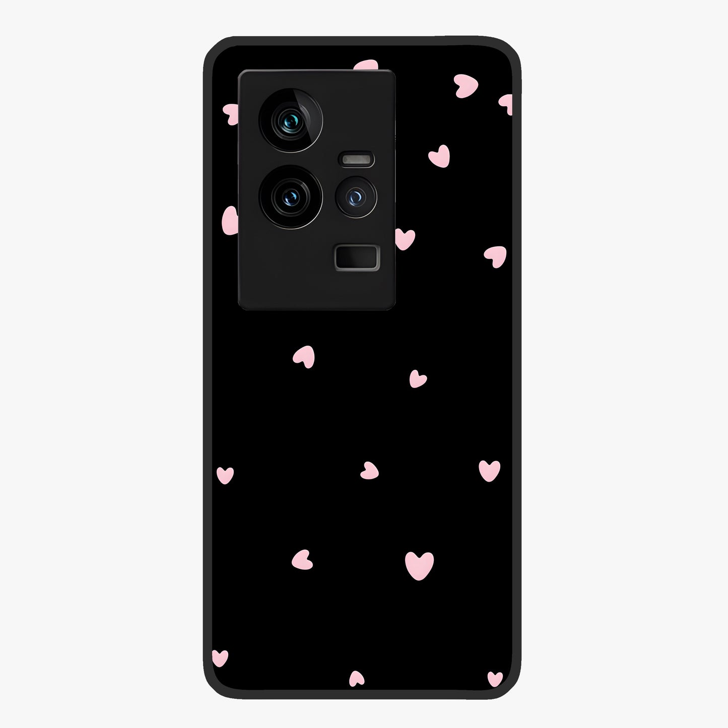 Pink Love Drops Glass Case showing flat back view with playful pink heart drops artwork and glossy glass finish.