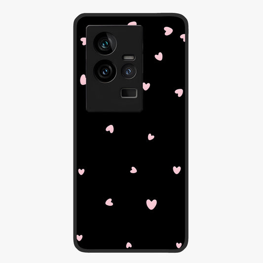 Pink Love Drops Glass Case showing flat back view with playful pink heart drops artwork and glossy glass finish.