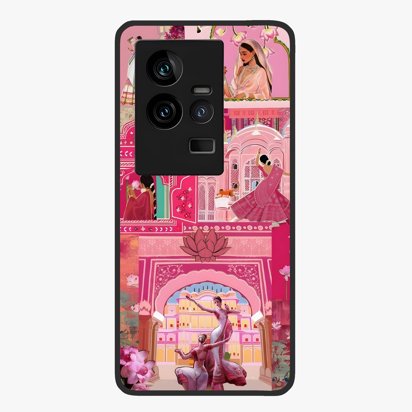 Pink Palace Muse Glass Case showing flat back view with elegant palace inspired artwork and glossy glass finish.