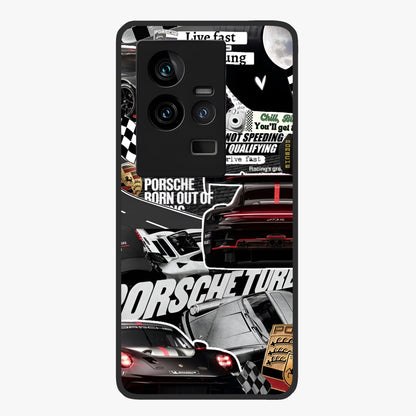 Porsche Racing Collage Glass Case showing flat back view with sports car racing collage artwork and glossy glass finish.