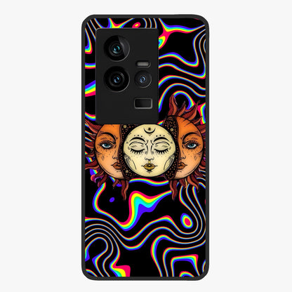 Psychedelic Sun Glass Case showing flat back view with colorful psychedelic sun artwork and glossy glass finish.