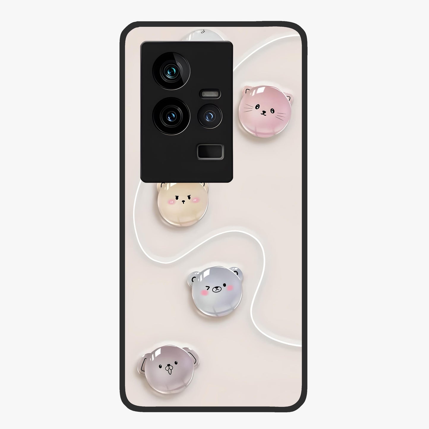 Puffy Face Parade Glass Case showing flat back view with cute puffy character faces artwork and glossy glass finish.