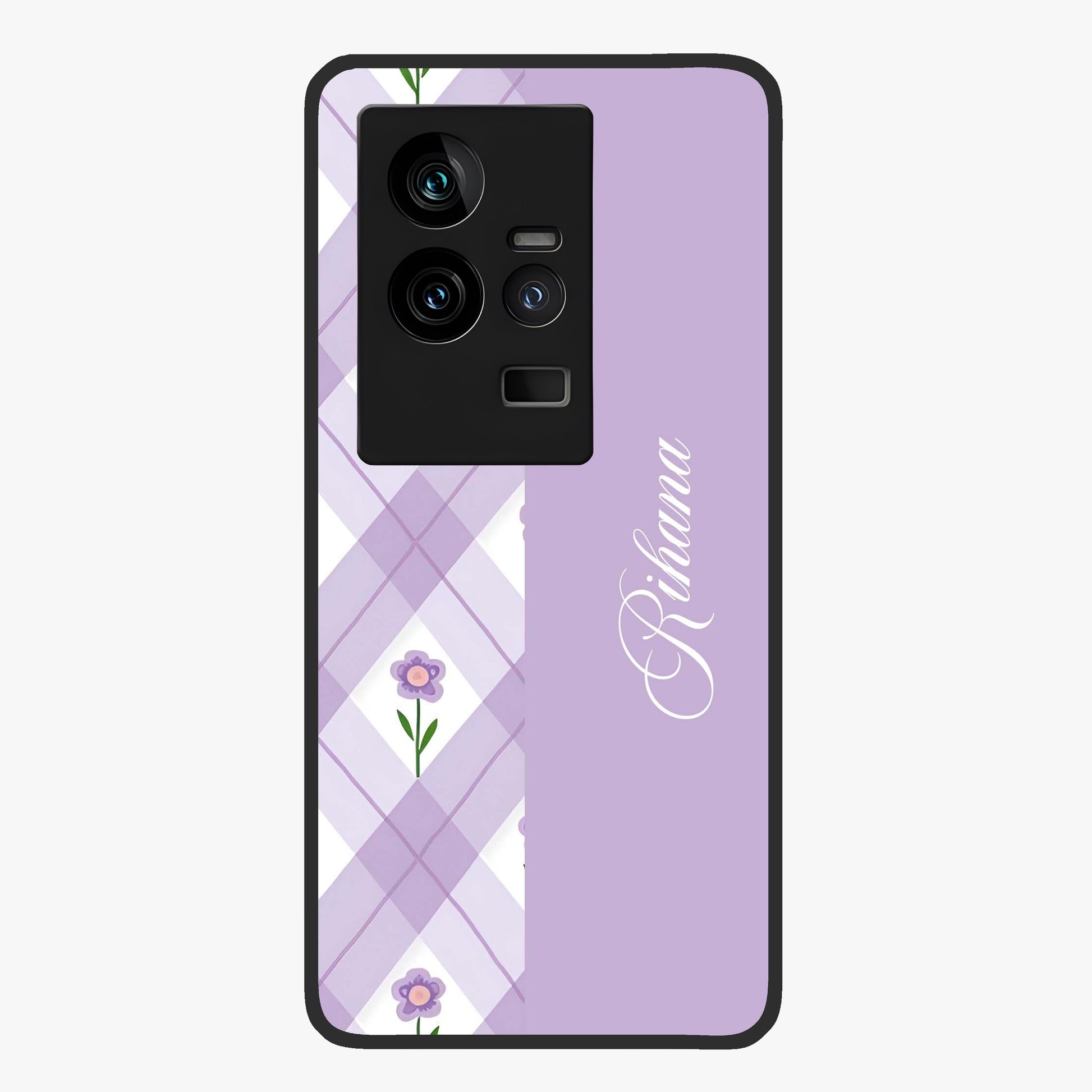 Purple Diamond Floral Glass Case showing flat back view with diamond shaped floral artwork and glossy glass finish.