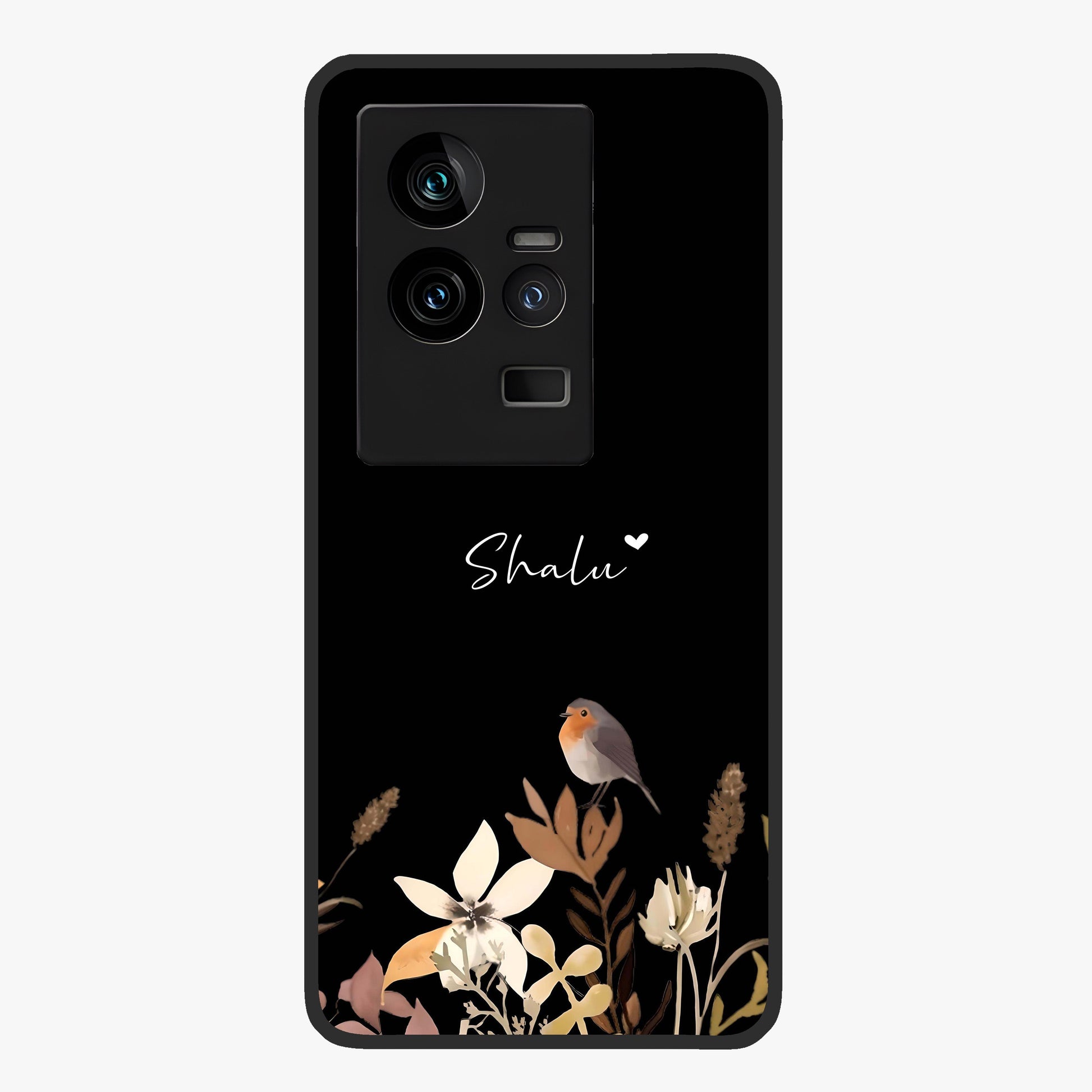 Quiet Garden Tune Custom Name Glass Case showing flat back view with peaceful garden artwork and personalized name design.