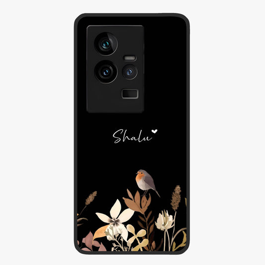 Quiet Garden Tune Custom Name Glass Case showing flat back view with peaceful garden artwork and personalized name design.