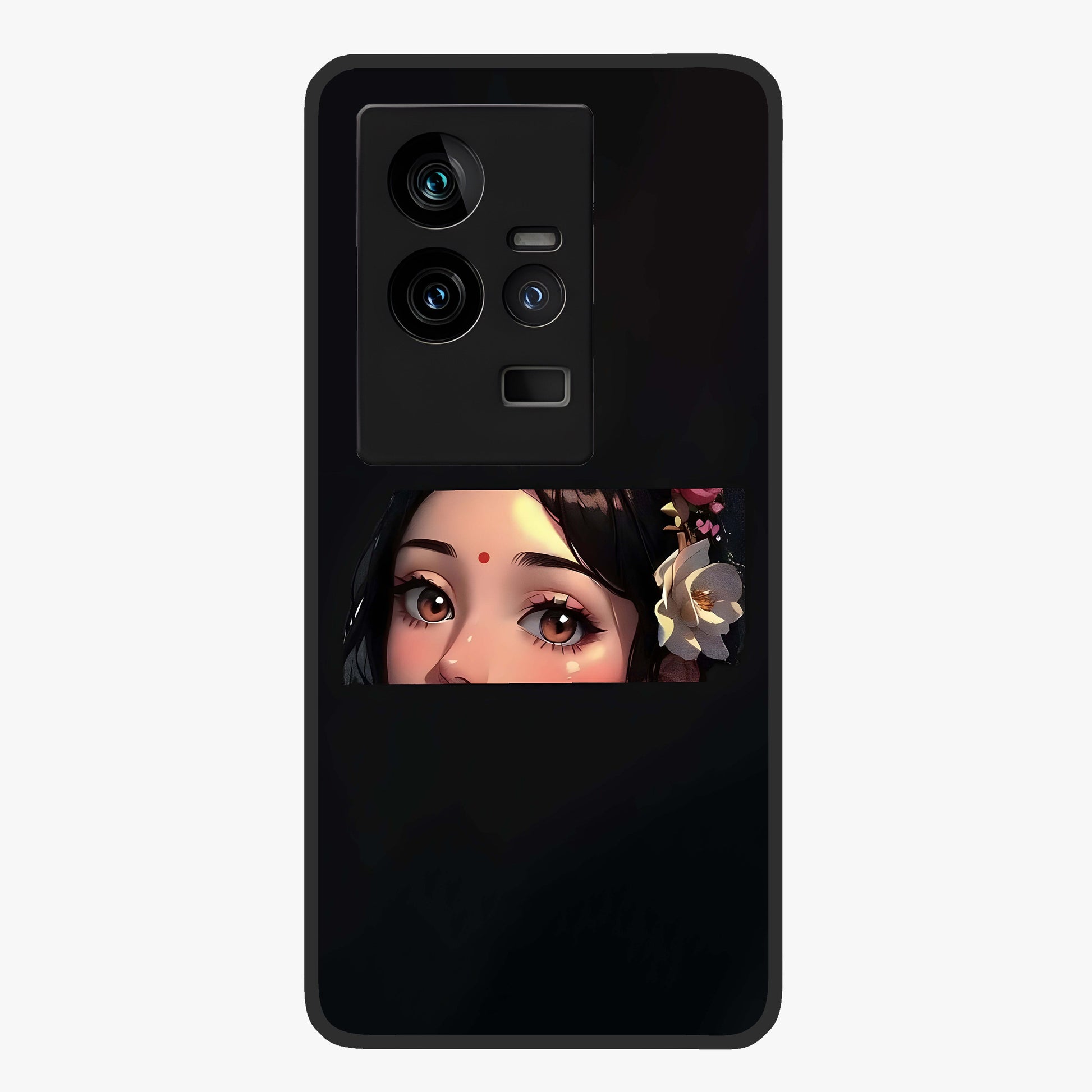 Radha Divine Embrace Glass Case showing flat back view with devotional Radha artwork and glossy glass finish.