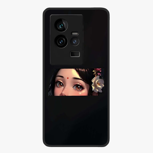 Radha Divine Embrace Glass Case showing flat back view with devotional Radha artwork and glossy glass finish.